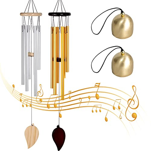 2 Stück Windspiele für Draußen Hängend 6 Rohre Wind Chimes Klangspiel mit 2 Stück Klingel, Chimes Metall Glockenspiel, Draußen Windspiele für Draußen Heimdekoration Geschenke Windspiel Garten