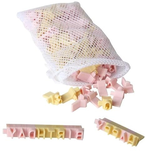 Home-X Cookie Stamps Fondant Letter Stamps - Alphabet, Numbers & Symbols, DIY Fondant Embosser for Cookie & Cake Decorating - 96 Pieces Letter Stamps for Clay with Storage Bag - Pink & Yellow