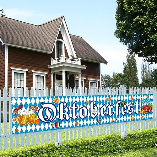AhfuLife 1 Stück Oktoberfest Banner Deko, 300 × 60 cm Bayerische Oktoberfest Party Dekoration, Bayerisch Oktoberfest Deko Blau mit Weiße Girlande zum Aufhängen für Outdoor Bierzelten Garten