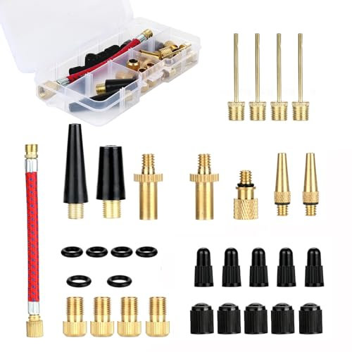 TRUEIN 32 Pack Bicycle Valve Adapter Kit,Bike Pump Valve Adapter with Extension Pipe/Tire Valve Cap, Valve Converter Set for Balls/Bikes, DV SV AV Bicycle Air Pump Inflation Needle Nozzle Kit