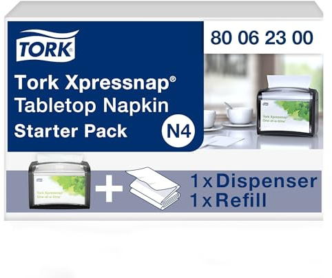 Tork Xpressnap Tabletop Napkin System Starter Pack Black N4, Dispenser and 1 x 500 One-at-a-Time Dispensing Napkins, 80062300