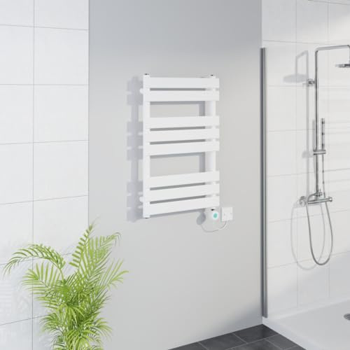 Warmehaus WiFi Electric Bathroom Flat Panel Towel Rail 800x500mm White | Timer, Thermostatic, Child Lock, Dual Fuel, Bathroom Towel Warmer Radiator, Wall Mounted, Premium Mild Steel
