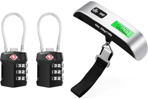 Blendura TSA kofferschloss 2 Stück, 3-Stelliges Sicherheitsschloss Kofferschloss & Kofferwaage Digital mit Haken, Gepäckwaage Travel mit Temperatursensor