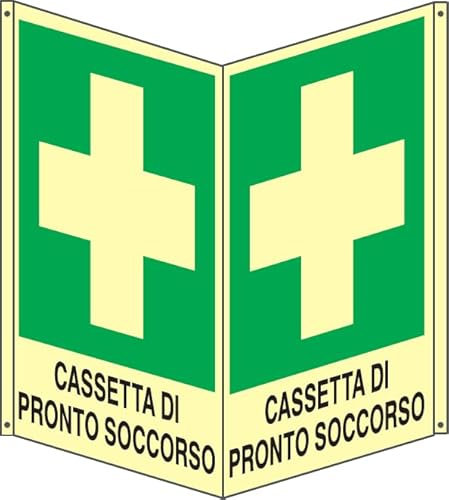 GLOBAL CARTELLO SEGNALETICO BIFACCIALE LUMINESCENTE - CASSETTA DI PRONTO SOCCORSO - In Alluminio Con Adesivo Luminescente Con Stampa Diretta U.V. (Alluminio Luminescente, 30x42 cm)