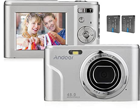 Andoer Digital Camera, 48MP 1080P Portable Camera 128GB Extended Memory | 2.4-inch IPS Screen, 16X Zoom, Auto Focus Self Timer, Face Detection, Anti-Shaking with 2pcs Batteries, Silver