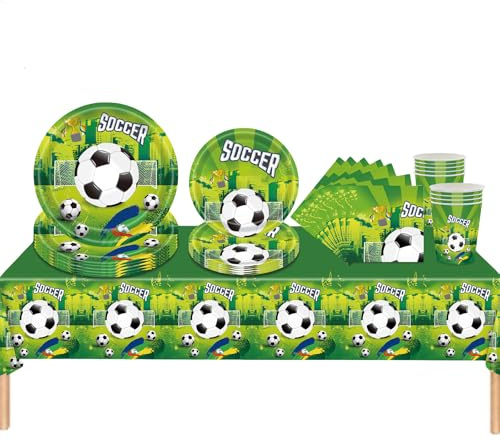 69Pcs Green Football Party Tableware Set,Footballs Table Decoration Soccer Party Plastic Table Cloth,Paper Plates Napkins and Cups for 2026 World Cup Kids Boys Football Birthday Party Decorations