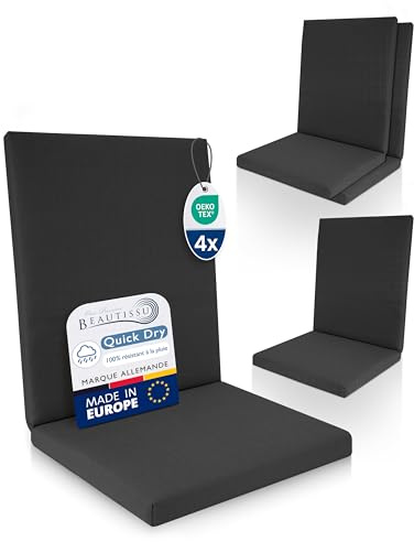 Beautissu 4er Set Premium Niedriglehner Auflage 100% Wasserdicht Sitzkissen | 100x50cm Anthrazit UV-beständig Bequem Pflegeleicht Waschbar Gartenstuhl Polsterauflage Gartenmöbel Stuhlauflage Garten QD-NL