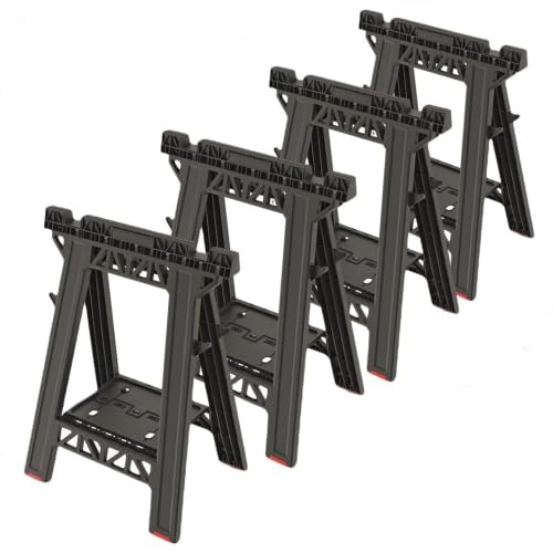 BirnePower Arbeitsbock Set (4 St.) Klappbock 175 kg Tragkraft je Ständer | Sägebock mit Schneidrille & Werkzeugablage | Stützfuß Kunststoff Klappbar | Für Werkstatt, Garage & Baustelle