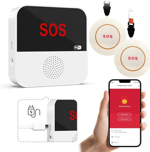 VOCA Smart WiFi Wireless SOS Pager, Call Button, Panic Button, Emergency Alarm for Elderly, and Disabled, 2.4G WiFi, Built-in Battery, Includes Receiver, Call Button, SOS Watch