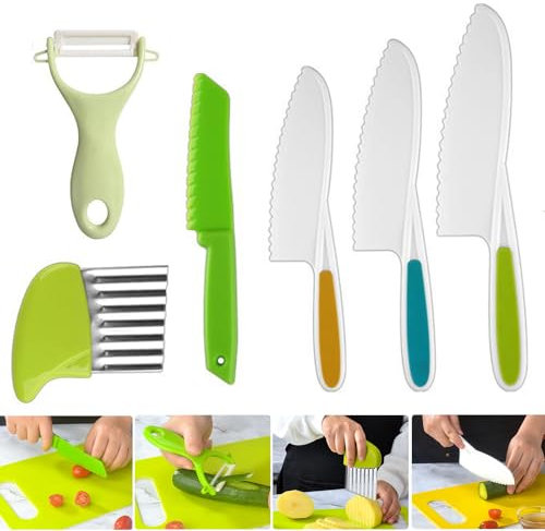 6-Teiliges Kindermesser, Kindermesser ab 2 Jahre zum Schneiden und Kochen von Obst oder Gemüse, Leicht Reinigende Kinder Küchenutensilien mit Sparschäler Kinder & Wellenschneider Baby