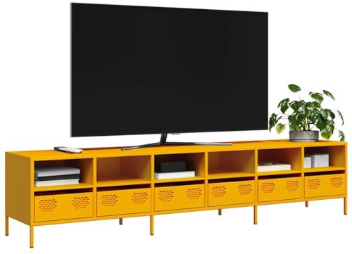 Homgoday Meuble TV jaune moutarde 202 x 39 x 43,5 cm en acier laminé à froid, meuble TV meuble bas pour TV pour table de salon industriel, support TV salon M-3307158