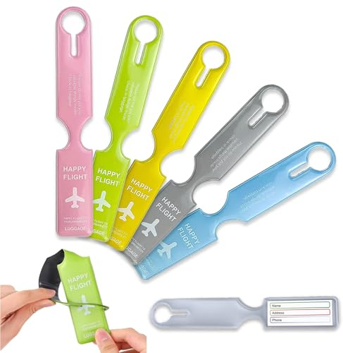 5 Piezas Etiquetas de Equipaje, Identificadores de Maletas, PVC, Portátil y Reutilizable, Impermeable y Multicolor con Nombre/Dirección/Teléfono – Para Maletas, Bolsas, Mochilas (24,5x4cm, 5 Colores)