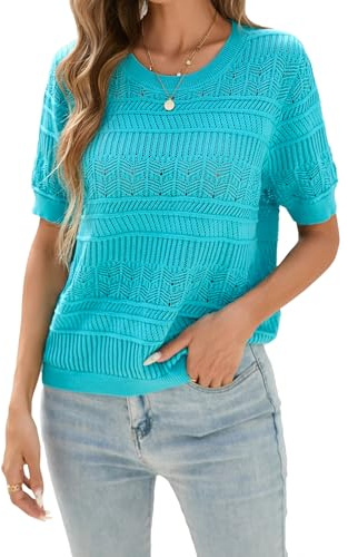 Famulily Suéter de punto ligero para mujer, de manga corta, de ganchillo, cuello redondo, tallas S-XL, Teal, S