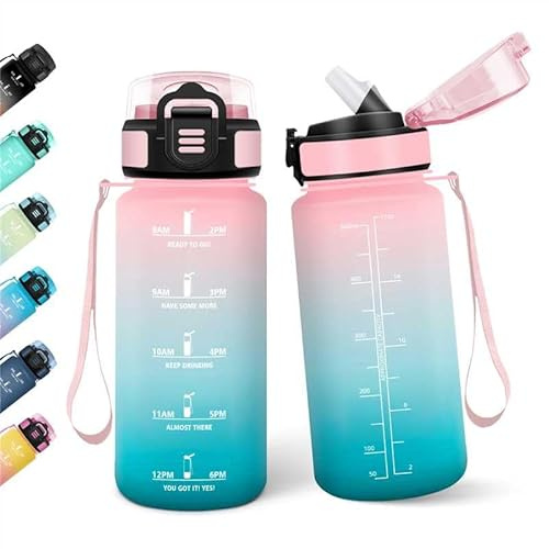 Motswedi Gourde, 500ML Avec de la Paille, Gourde Enfant, Sans BPA, Bouteille d'eau de Motivation avec Marqueur de Temps, Bouteille Enfant Paille pour École, Sport, Yoga - Rose&cyan