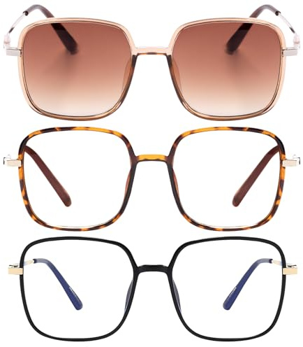 EYEGLSMST 3er-Pack Übergroße Lesebrillen für Damen mit Lesesonnenbrille, Große Quadratische Blaulichtfilter Computerleser, Gross UV400 Getönte Sonnen-Leser