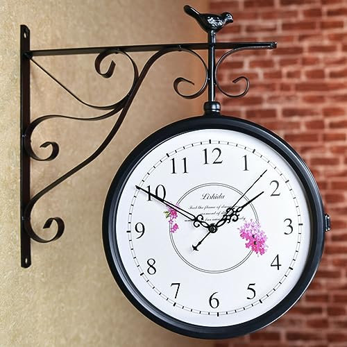 HUIBBGO Orologio bifacciale, Orologio da Parete Vintage in Metallo e Ferro per Esterni, Orologio da Parete Antico retrò, Orologio da Stazione ferroviaria Impermeabile in Stile Europeo.