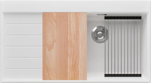 PRIMAGRAN Lavello da Cucina al Mobile 60cm + Kit di scarico, 90x50cm | Set: Kit di scarico (sifone, piletta, troppopieno) + Lavandino in Granito a 1 Vasca - Sydney Ergo, Bianco