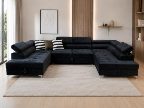 KMK GNYCH U-Form Sofa Milan 338x202x88 cm, Schlaffunktion, Schwarz | U-Form Sofa, Modern Couch mit mit Bettkasten, Weiches Ecksof fürs Wohnzimmer, Schlafsofa, Eleganter Monolith-Stoff