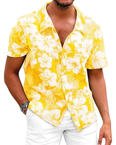 LAOARA Chemise Hawaienne Homme a Fleur Manches Courtes Ete Festival Chemisette Col V Leger Boutons Tenue Jaune XL