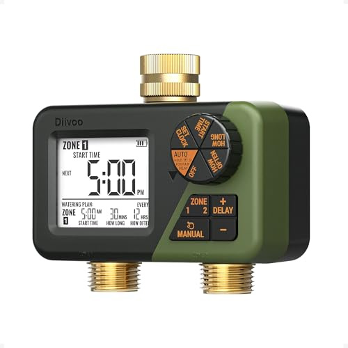 Diivoo Sprinkler Timer 2 Zone, Programmable Water Hose Timer with Brass Inlet & Outlet, IP66 Waterproof, Rain Delay & Manual Mode for Garden, Lawn, Yard