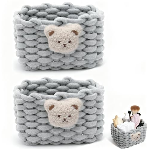 CHUANFU 2 Piezas Cesta Almacenaje con Cuerda de Algodón, Cestas Organizadoras Apilables Decoración, Cestas de Almacenamiento para Bebé, para Baño, Dormitorio, Sala de Estar, Gris