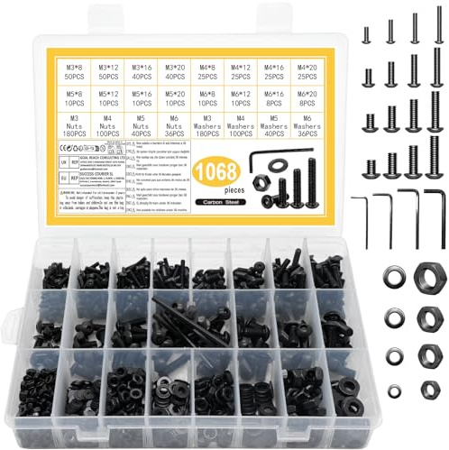 1068 PcsVis M3 M4 M5 M6, Vis à Tête Cylindrique Creuse Hexagonale, Boulon et écrous, Boulon Vis à six pans creux à tête bombée Hexagonale avec Rondelles, pour Métaux Vélos, Noirs
