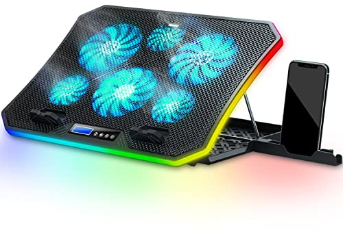 TopMate C12 Ventilateur PC Portable RGB de Jeu Bureau, Refroidisseur pour Ordinateur Portable 15,6-17,3, Support de Refroidissement avec 8 Hauteurs Réglables et 6 Ventilateurs- LumièreLED Glace Bleue