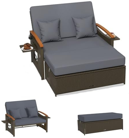 LIFEZEAL Rattan Gartenlounge Set, Lounge Möbel Outdoor, Gartensofa mit Liegefunktion, Outdoor Sofa mit Stauraum, Loungemöbel 2 Personen für Garten, Terrasse & Balkon (Grau+Schwarz)