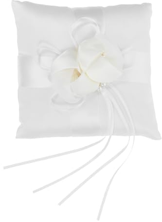 Artibetter Cojín para Anillos de Boda Blanco de Satén con Capullos de Flores y Perlas Artificiales, Ligero Cinta Trasera para Ceremonia Nupcial