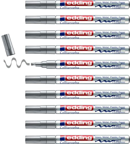 edding 753 Glanzlackmarker Kalligrafie - silber - 10 Lackmarker - Kalligrafiespitze 1-2,5 mm - Lackstift für Glas Stein Kunststoff Papier - wasserfest, stark deckend - Bullet Journals, Hand-Lettering