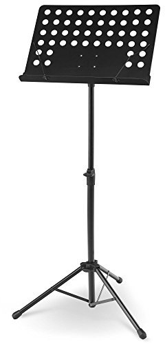 McGrey 11940 Orchesterpult Lochblech Notenständer - stabiler Metall-Ständer - Dreibein und höhenverstellbar von 69 cm bis 115 cm - mit Notenklemmen und abnehmbarer Ablage - Deluxe Notenpult Schwarz