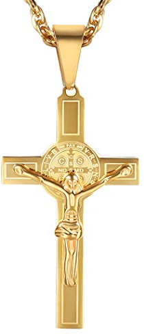 PROSTEEL Herren Kette 18k vergoldet Kruzifix Kreuz Anhänger Benediktuskreuz Religiöse Halskette für Männer Jungen