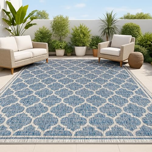 JONATHAN Y Moroccan Trellis Indoor Outdoor Area Rug 5X8 Navy/Gray, Trebol Textured Weave for Backyard, Patio, Porch, Easy-Cleaning, High Traffic, Pet-Friendly, Non-Shedding (SMB109D-5)