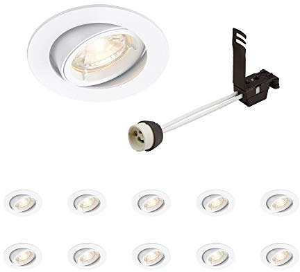 CAST Recessed Lighting - Mains Powered LED Spot Lights Downlights for Ceiling - IP20 Rated GU10 Fitting for Halogen or LED - Matt White Finish, Adjustable Tilt Version – Pack of 10