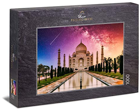 Ulmer Puzzleschmiede - Puzzle „1001 Nacht“ – Klassisches 1000 Teile Puzzle – Puzzlemotiv des berühmten Taj Mahal vor strahlendem Sternen-Himmel, Weltwunder der Moderne