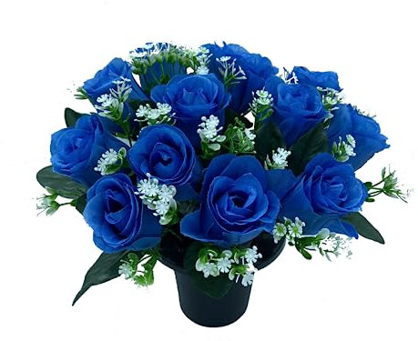 SFS Artificial Flowers For Graves | 12 Blue Roses in Flower Pots | Ideal For Cemetery, Memorial, Home or Christmas Decorations | Funeral Flowers Cemetery Grave Flowers | New & Improved Design