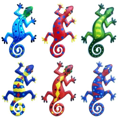 Linkstyle 6 Stück Metall Wanddeko Outdoor, 20.5cm Garten Wandkunst Deko, Gecko Wall Decor für Wohnzimmer Schlafzimmer Balkon Terrassen Zaun