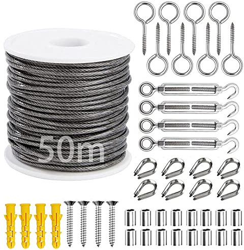 Drahtseil 2mm,50m Stahlseil,304 Edelstahl Drahtseil Set,Edelstahlseil mit PVC-Beschichtung,Drahtseil Rankhilfe Kit mit M5 Spannschloss Seilspanner,Ösenschraube,Seilkauschen(45PCS)
