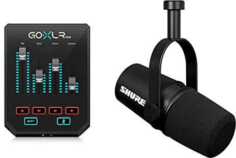 Shure MV7X XLR-Podcast-Mikrofon, Kopfhörerausgang, XLR — Schwarz & TC Helicon GoXLR Mini Online-Broadcast-Mixer mit USB-/Audio-Schnittstelle und Midas-Vorverstärker, 9.4×8.5×4.6/239×216×116mm