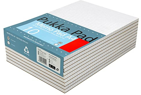 Pukka Pad, A4 8mm Ruled Memo Pad – Pack of 10 – 160 Pages, 80 Sheets of Unpunched 60GSM Paper Per Pad – Glue Top-Bound, Thick Card Back Cover for Home, School Students, & Office Professionals