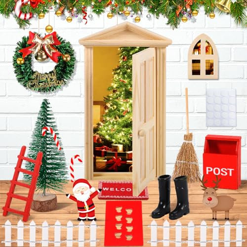 Frasheng 34 Pièces Ensemble D'accessoires de Porte de GNOME,Kit Lutin Farceur Miniature,avec Sapin de Noël,Clôture,Tapis,Couronne.