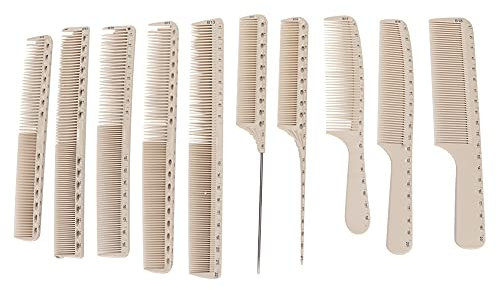 Karbonfaser-Kamm-Set, Friseurkamm, 10-teiliges professionelles antistatisches, hitzebeständiges Haarkamm-Friseurkamm-Haarkamm-Schneidekamm mit Messskala(Beige)