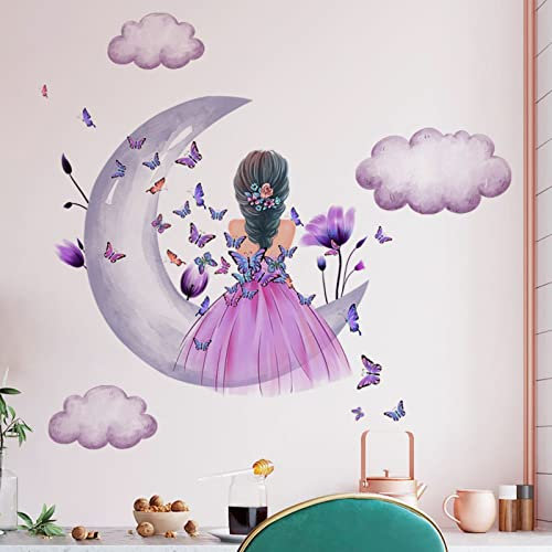 Autocollants muraux papillon fille,lune nuages fleur fée sticker mural, décoration murale florale rose papillons colorés décoration murale,autocollants roses décor filles bébé pépinière chambre