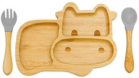 Plato con Ventosa para Bebés,Feelhap Plato de Alimentación con Tenedor y Cuchara para Bebés,Plato BLW con Compartimentos,Natural Juego de Cubiertos para Bebés y Niños (Mavericks_Gris)
