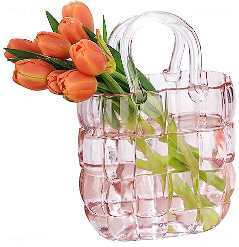 NiHome Pink Glass Handbag Vase with Handle for Flowers Farmhouse Decoration Wide Mouth Glass Vase for Office Home Living Room Dining Table