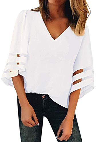 T-Shirt Damen V Ausschnitt - Bluse Damen Elegant, 3/4 Arm Shirt Damen Cut Out Ärmel Sommer Oberteile Große Größen Locker Lässig Strand Hemd Tunika Top Blusen & Tuniken für Frauen Pullover
