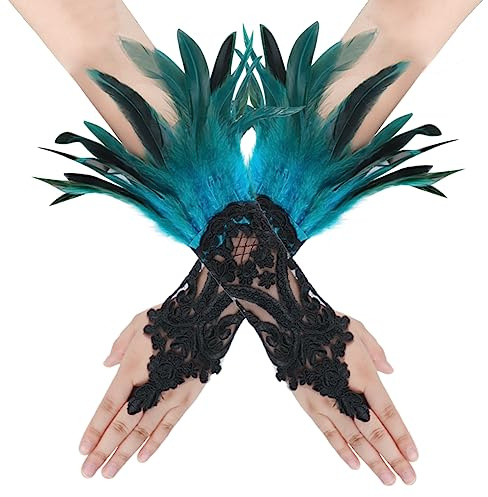 Feather Lace Fingerless Long Gloves - Wrist Cuffs, Fancy Dress Cosplay Hook Finger Opera Gloves With Feathers for Women's Halloween Party Costume Accessory, Evening Party