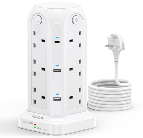 KLINTOS Tower Extension Lead 2M, 12 Way Multi Plug, 6 USB Ports, White | 2 USB-C and 4 USB-A ports with 4 independent switches, 1400J surge protected and 13A 3250W for desktop, office and kitchen