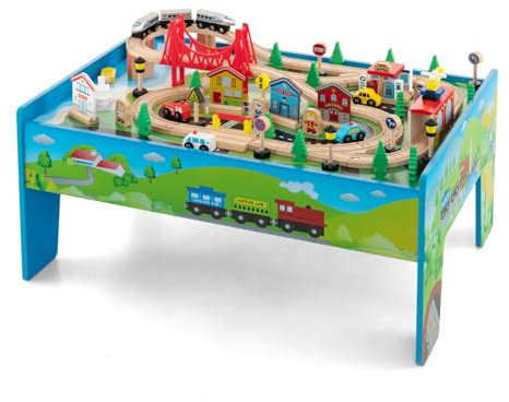 GOPLUS Spieltisch mit 80 Spielzeugteile, Kinder Eisenbahn Set, Aktivitätstisch mit umkehrbarer Tischplatte & Eisenbahnschienen, Spielzeugtisch für Kinder ab 3 Jahren, für Kinderzimmer & Kindergarten