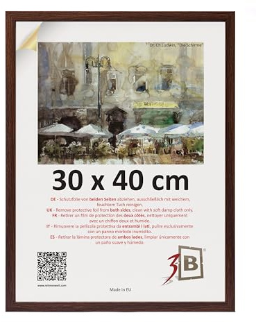 3-B Bilderrahmen MEGA - Dunkel Braun (Nussbaum mit optischer Holzmaserung) - 30x40 cm - Holzrahmen, Fotorahmen, Dokumentenrahmen mit Acrylglas